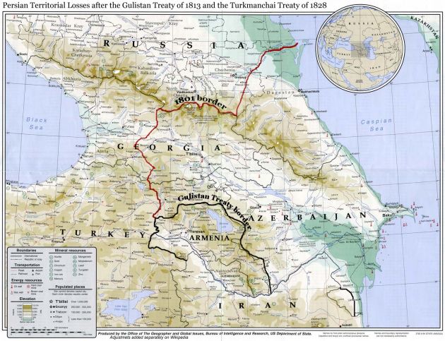 مرز ایران و روسیه تزاری در قفقاز پیش از پیمان نامه گلستان (به رنگ سرخ)